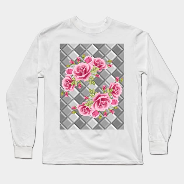 Roses On Geometric Background Long Sleeve T-Shirt by Designoholic
